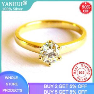 Yellow Gold Wedding Rings 5.5mm Lab Diamond Stone Classic Luxury Six Claw 925 Silver Rings for Women Engagement Wedding Jewelry