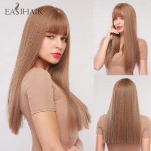 EASIHAIR Long Straight Brown Synthetic Wigs with Bangs Natural Soft Hair Wigs for Women Cosplay Wigs Heat Resistant