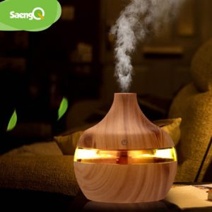 saengQ Electric Humidifier Essential Aroma Oil Diffuser Ultrasonic Wood Grain Air Humidifier USB Mini Mist Maker LED Light For