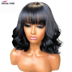 Short Bob Wig With Bangs Body Wave Human Hair Wigs With Bangs Guleless Wig With Elastic Band Bob Human Hair Wigs For Black Women