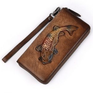 Vintage Men Genuine Leather Wallet Male Soft Cowhide Leather Clutch Purses Zipper Gold Fish Printing Men's Phone Bag for Coin