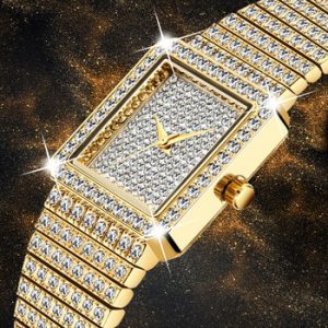 MISSFOX Diamond Watch For Women Luxury Brand Ladies Gold Square Watch Minimalist Analog Quartz Movt Unique Female Iced Out Watch