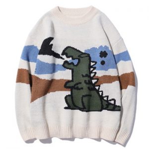 Round Neck Loose Dinosaur Sweater 2019 Autumn Korean Style Knitting Pull Sweater Mens Harajuku Casual Outwear Men Clothes