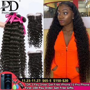 28 30 40 Inch Deep Wave Hair Weave Bundles With Closure 3 4 Bundles Curly Human Hair Bundles with Closure Frontal Water Wave