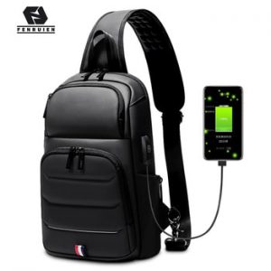 Fenruien Men's Shoulder Bag Fit for 9.7" iPad Chest Bag USB Charging Short Trip Messenger Bags Waterproof Crossbody Bag For Men