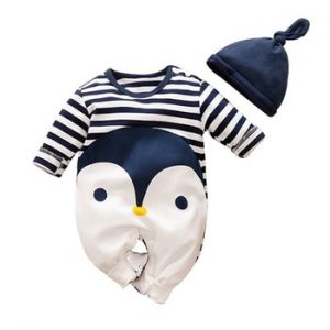 PatPat 2020 Spring Autumn Cotton Casual Newborn Striped Penguin Print Long Sleeve Jumpsuit Hat Set for Baby  Dark Blue Crawler