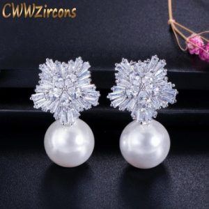 CWWZircons 2020 New Arrival Snow Flower Design Women Big Drop White Pearl Earrings with Cubic Zirconia Christmas Gift  CZ069