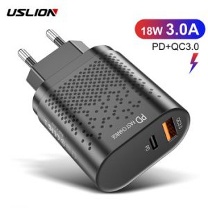 USLION EU/US Plug PD USB Charger 18W 3A Quik Charge 3.0 Mobile Phone Charger For iPhone 12 Samsung Xiaomi Fast Wall Chargers