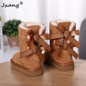 JXANG 2020 Fashion High Quality Children Winter Snow Boots Genuine Leather Boots Lace up Bow-knot Boots Kids Cute Pretty Shoes