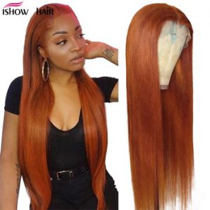 Ishow Ginger Lace Front Wig Straight Human Hair Wigs Middle Part Orange Transparent Lace Wigs 28 30inch Remy Brazilian Long Wig