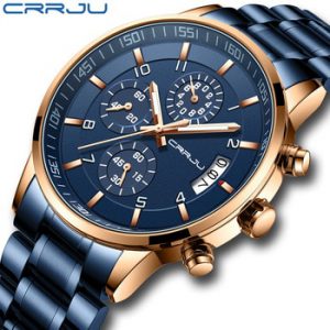 Mens Watch CRRJU Men Chronograph Luxury Waterproof Watches Fashion Blue Business Stainless Steel Watch For Men relogio masculino