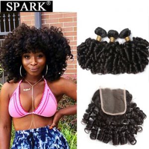 SPARK Brazilian Human Hair Bouncy Curly Hair 3 Bundles With Closure Remy Human Hair 4*4 Closure Natural Black Medium Ratio