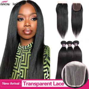 Ishow Straight Hair Bundles with Closure Transparent Lace Closure with Bundles Brazilian Human Hair Weave Bundles with Closure