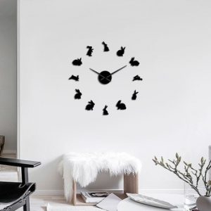 Frameless Cute Rabbit Shape Self Adhesive 3D DIY Wall Clock Quartz Acrylic Mirror Sticker Bunny Animals Creative Clock Watch