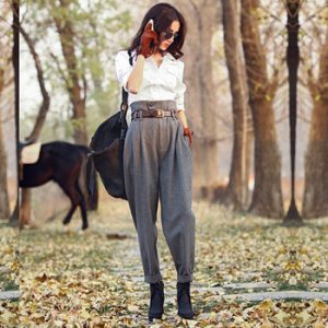 AIGYPTOS Autumn Winter Women Wool Pants Women Vintage England Style Stripe Slim Skinny Pants Casual Ankle Length Woolen Trousers