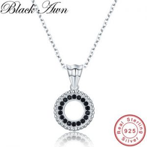 [BLACK AWN] 925 Sterling Silver Jewelry Black Spinel Slide Necklace for Women Trendy Silver 925 Jewelry P193