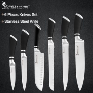 Sowoll 6pcs Stainless Steel Kitchen Tool Set Bend Comfortable Handle Chef Slicing Bread Santoku Utility Paring Knife Home Gadget