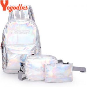 Yogodlns 2020 Holographic Laser Backpack Embroidered Patent Letter Hologram Backpack set School Bag +shoulder bag +penbag 3pcs