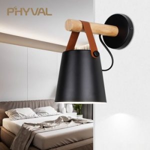 LED Wall Light Wood Wall Lamp Bed Bedside Light Night Lights Modern Nordic Lampshade Home Decor White & Black Belt E27 85-265V