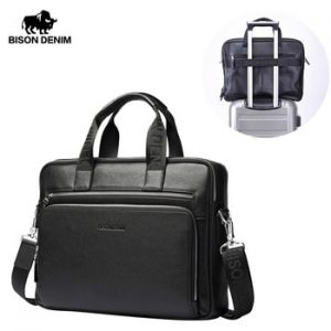 BISON DENIM Genuine leather Men Handbag 17" Laptop Briefcases Large Capacity Men's Business Bag Shoulder Bags W2333-4