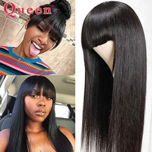 Straight Human Hair Wigs With Bangs Brazilian Full Machine Made Wig With Bangs Pre Plucked Remy Human Hair Wigs For Women QUEEN