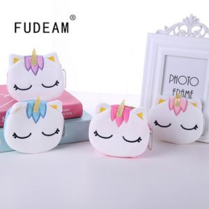 FUDEAM Soft Plush Cartoon Unicorn Women Coin Purse Mini Cute Oval Zipper Children Girl Coin Wallet Card USB Cable Bag Key Wallet