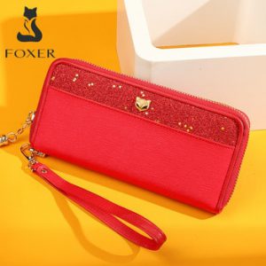 FOXER Women's Wallets Glitter Cowhide Leather Clutch Zipper Wallets with Wristle Female Phone Holder Purse Lady Clutch Phone Bag