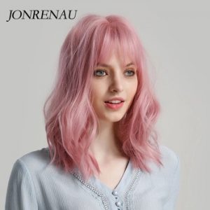 JONRENAU High Quality Short Natural Wave Hair Synthetic Wigs with Neat Bangs for Women Pink Beige Brown 3 Colors for Choose