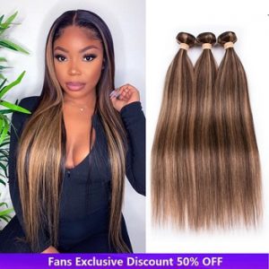 BEAUDIVA Straight Hair Bundles Brown Peruvian 3/4 Human Hair Bundles Honey Blonde Highlight Hair Color Extensions 8-24 Remy