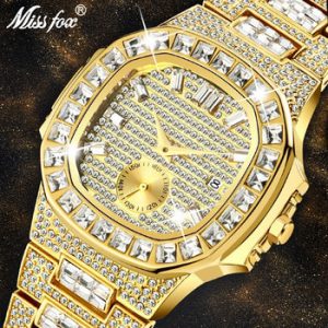 MISSFOX Luxury Men Watch Gold 18K Nautilus Model Fully Paved Baguette Diamond Mens Watches Waterproof Calendar Male Clock Hours