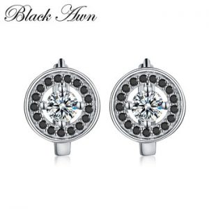 Genuine 925 Sterling Silver Round Engagement Hoop Earrings for Women with Black Spinel Stone Jewelry Bijoux T179