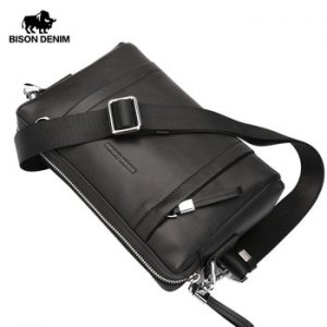 BISON DENIM 100% Genuine Leather Guarantee Crossbody Bag Black Messenger Bag Men's Clutch bag Zipper Wallet N8016