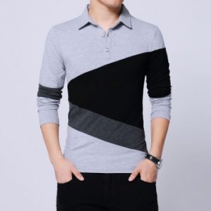 Mens T Shirts Fashion Contrast Color Patchwork Long Sleeve Slim Fit Cotton Collar T Shirt Male Clothing 2020 Plus Size 4XL 5XL