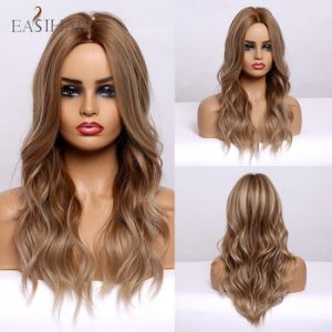 EASIHAIR Long Water Wave Ombre light Brown Highlight Middle Part Synthetic Wigs Heat Resistant Cosplay Female Wigs for Women Afo