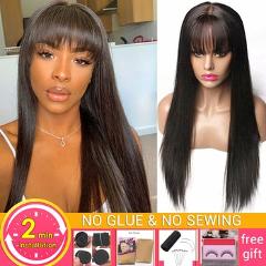 brazilian natural hair wigs straight human hair wigs for black women fake scalp lace wig With Bangs Non-Remy middle part wigs