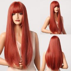 HENRY MARGU Orange Red Long Straight Wigs For Women Synthetic Hairstyle High Temperature Wigs With Bangs Natural Daily Wigs