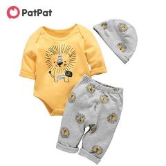 PatPat 2020 Bebe Autumn and Winter Cotton Lion Casual 3 Pieces Baby Set Boy Toddler Cute Bodysuit Pants Hat Suit Baby Clothes