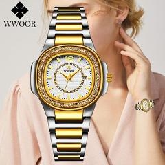 montre femme 2020 Womens Gold Fashion Square Watch WWOOR Top Brand Luxury Crystal Ladies Quartz Wrist Watches Women Design Clock