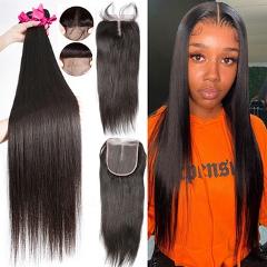 28 30 32 Inch Brazilian Hair Weave Bundles Straight 3 4 Bundles With Lace Front Closure Remy Human Hair Bundles With Closure