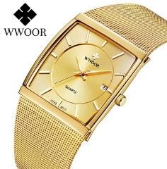 Japan Quartz Movement Watches Mens WWOOR Top Brand Luxury Ultra Thin Gold Steel Mesh Watch For Men Square Waterproof Wrist Watch