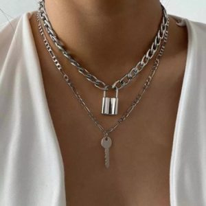 PuRui Cuban Link Chain Choker Necklace Punk Multilayer Padlock Key Long Pendant Necklace for Women Gold Color Collar Jewlery