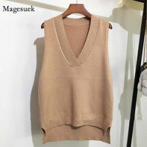 Loose Wild Solid Sweater Vest V-neck Knitted Pullover Women Sweater Autumn and Winter New Korean Women Sleeveless Sweater 11810