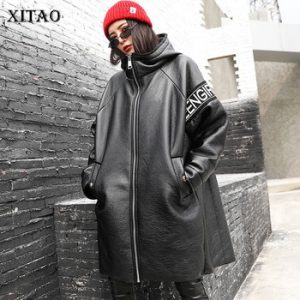 XITAO Irregular Patchwork Pu Thick Trench Women Clothes 2019 Fashion Loose Casual Letter Hooded Collar Coat Top Winter ZLL4442