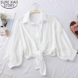 2021 Summer New Half Sleeve Buttoned Up Shirt Loose Casual Blouse Chiffon Shirts Women Tied Waist Elegant Blouses for Women 9776