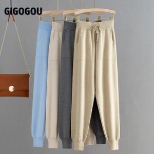 GIGOGOU Knitted High Waist Women Crop Harem Trousers Solid Peg Leg Fly Pants Casual Drawstring Winter Warm Workwear Carrot Pants