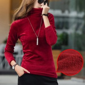 Turtleneck Velvet Fleece T shirt Women Solid Tops Stretchy Long Sleeve Plus Size S-4XL Spring Autumn T-shirt Bottoming T90394