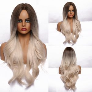 EASIHAIR Ombre Brown Light Blonde Platinum Long Wavy Middle Part Hair Wig Cosplay Natural Heat Resistant Synthetic Wig for Women