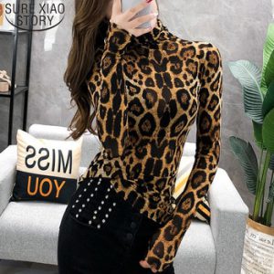 Elegante Plus Size Tops Fashion Women Long Sleeve Leopard Blouse Turtleneck Shirt Ladies OL Party Top Streetwear Blusas  7704 50