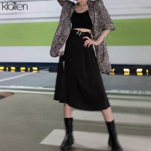 KLALIEN Fashion High Waist Black Midi Skirt Women summer streetwear casual split Hem Asymmetric long Skirt ladies 2020 new