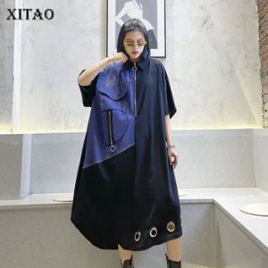 XITAO Europe Loose Plus Size Dress Women Patchwork Stand Collar A Line Casual The Streets 2020 Summer New Women Dress DMY4646